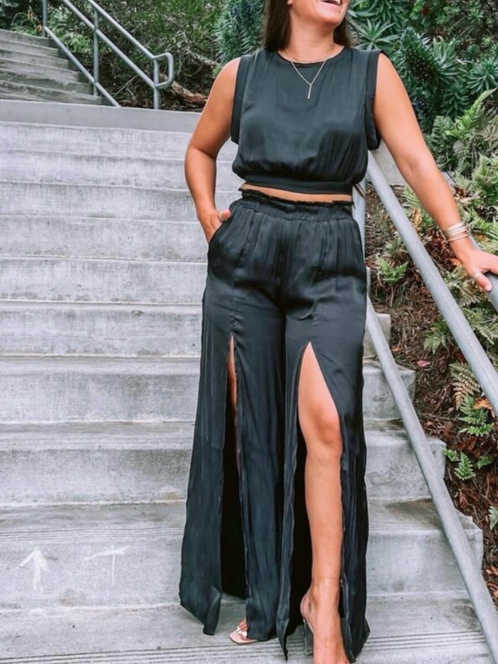 BY TOGETHER: Satin Crop Top and  Black Split-Leg Pant Set
